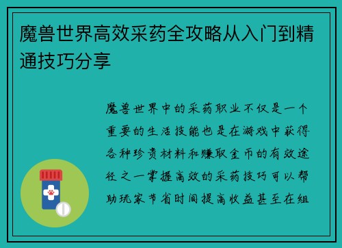 魔兽世界高效采药全攻略从入门到精通技巧分享